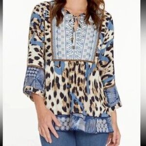 John Mark Embroidered Animal Print Tie Neck Tunic Top Sz S